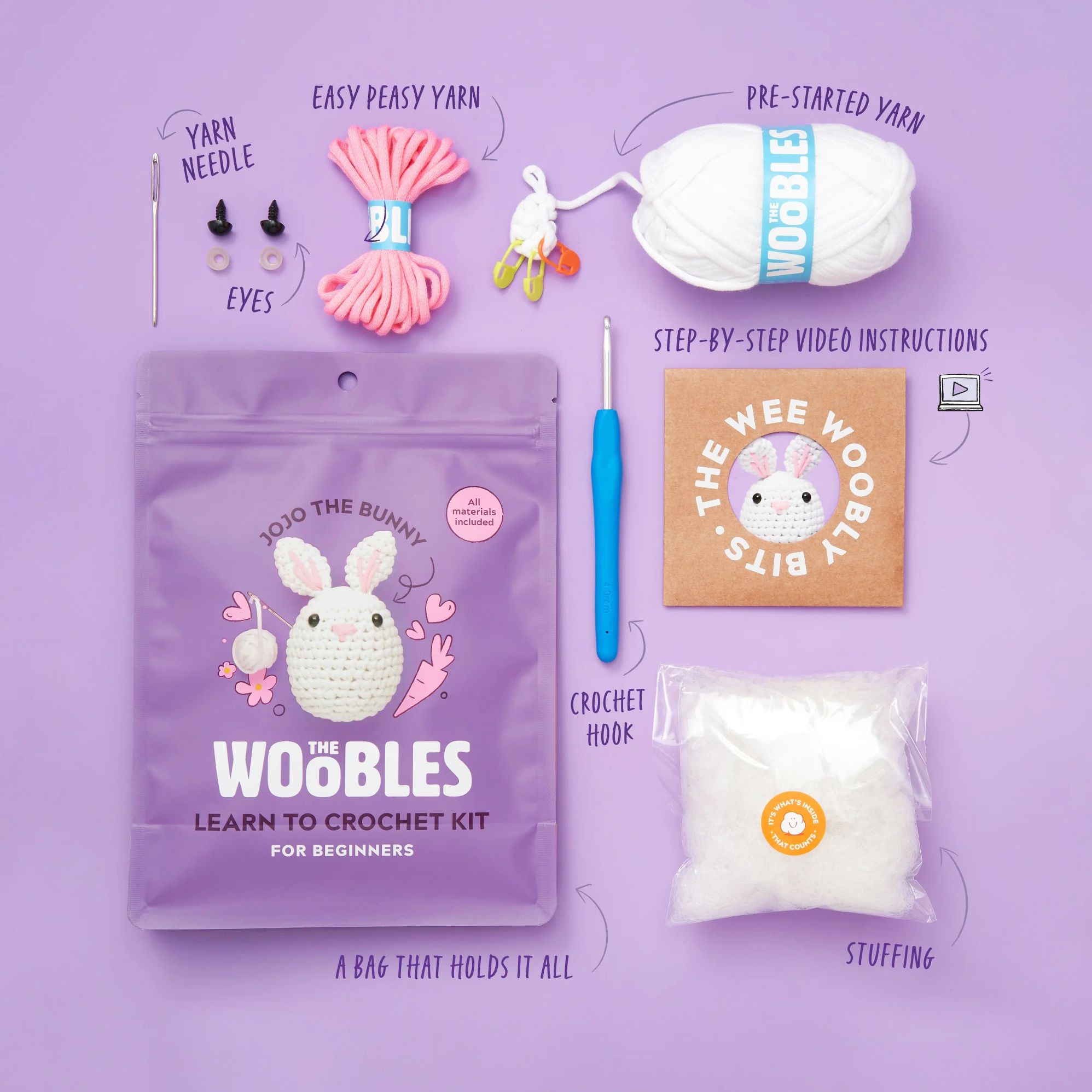 Jojo the Bunny. The Woobles. Bunny learn to Crochet kit - Image 2