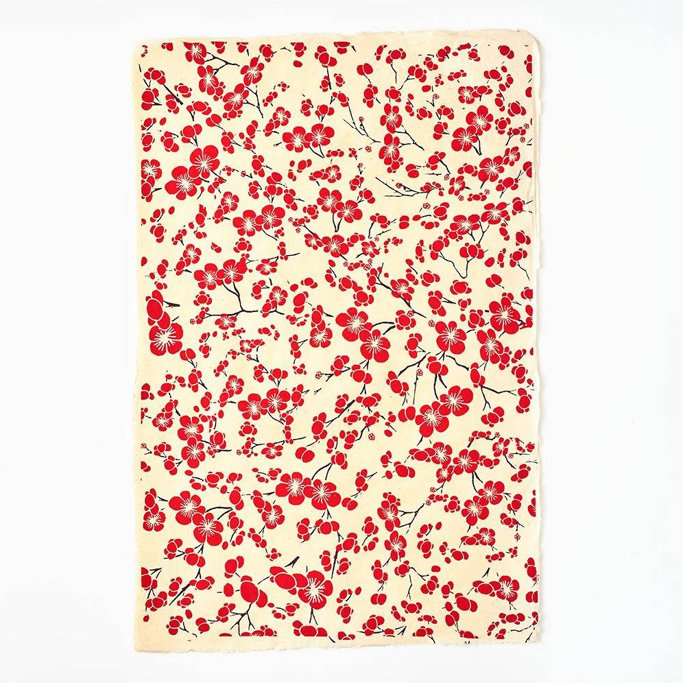 Red Blossoms On Cream Handmade Paper - Image 2