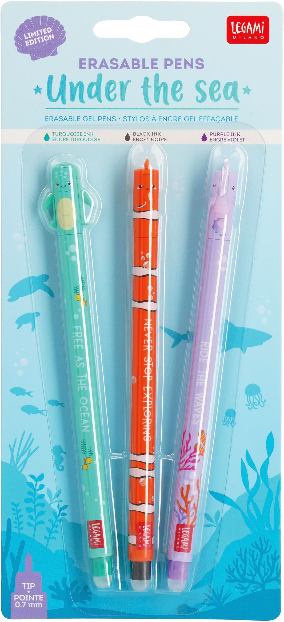 Legami Set Of 3 Erasable Gel Pens - Under The Sea - Sea Turtle + Clownfish + Seaho - Image 2